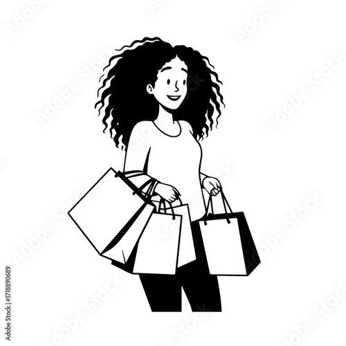 Black and white line art of a beautiful happy woman carrying shopping bags minimalist cheerful illustration
