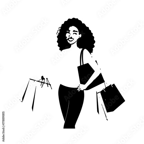 Black and white line art of a beautiful happy woman carrying shopping bags minimalist cheerful illustration