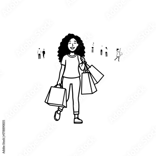 Black and white line art of a beautiful happy woman carrying shopping bags minimalist cheerful illustration