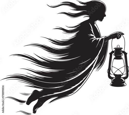 Halloween ghost with lantern silhouette spooky design
