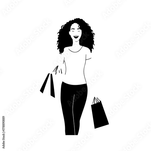 Black and white line art of a beautiful happy woman carrying shopping bags minimalist cheerful illustration
