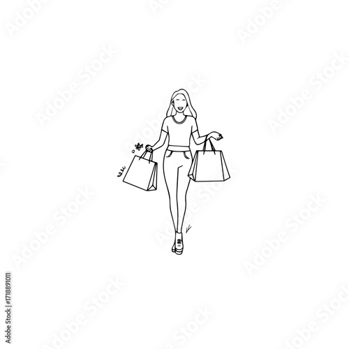 Black and white line art of a beautiful happy woman carrying shopping bags minimalist cheerful illustration