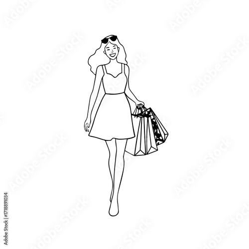 Black and white line art of a beautiful happy woman carrying shopping bags minimalist cheerful illustration
