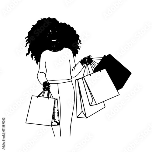Black and white line art of a beautiful happy woman carrying shopping bags minimalist cheerful illustration