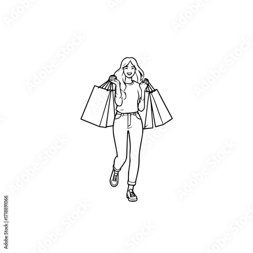 Black and white line art of a beautiful happy woman carrying shopping bags minimalist cheerful illustration