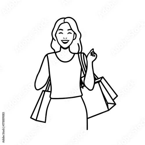 Black and white line art of a beautiful happy woman carrying shopping bags minimalist cheerful illustration