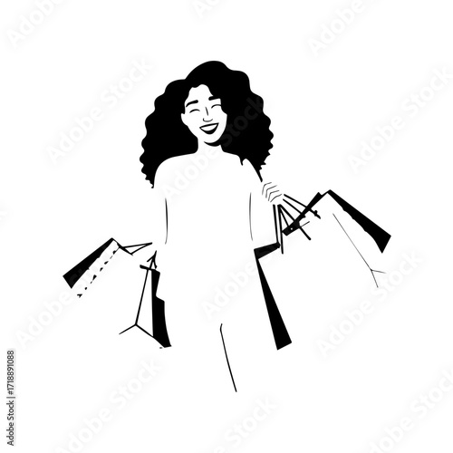 Black and white line art of a beautiful happy woman carrying shopping bags minimalist cheerful illustration