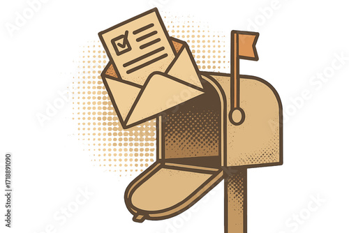 Vote by mail concept with vintage halftone style, distant voting illustration with open envelope and ballot paper dropping into mailbox, political election and postal voting vector cartoon