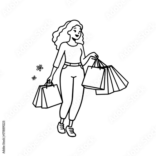 Black and white line art of a beautiful happy woman carrying shopping bags minimalist cheerful illustration