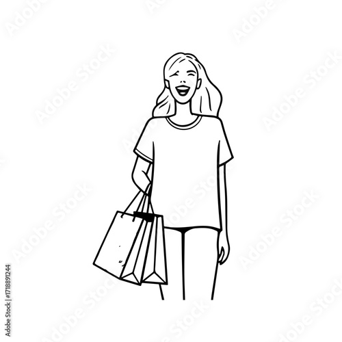 Black and white line art of a beautiful happy woman carrying shopping bags minimalist cheerful illustration