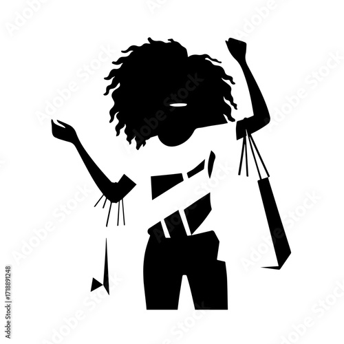 Black and white line art of a beautiful happy woman carrying shopping bags minimalist cheerful illustration