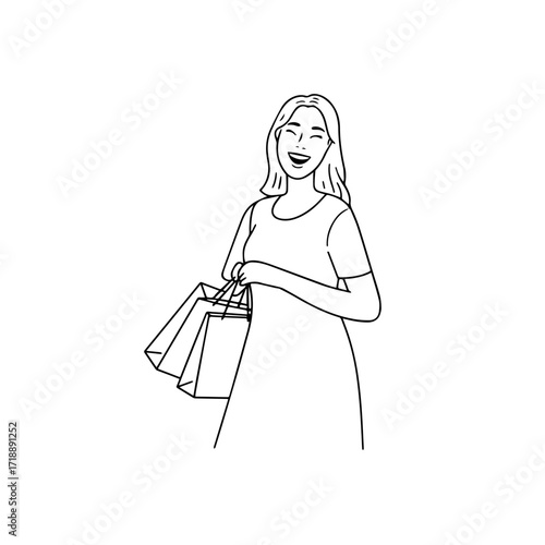 Black and white line art of a beautiful happy woman carrying shopping bags minimalist cheerful illustration