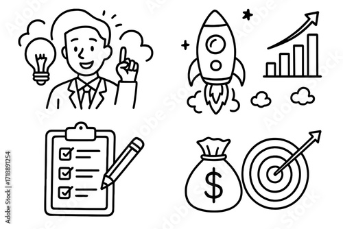 Business success doodle concept. Hand-drawn vector cartoon illustration set with businessman idea, rocket launch growth, checklist planning, money bag and target arrow, transparent background