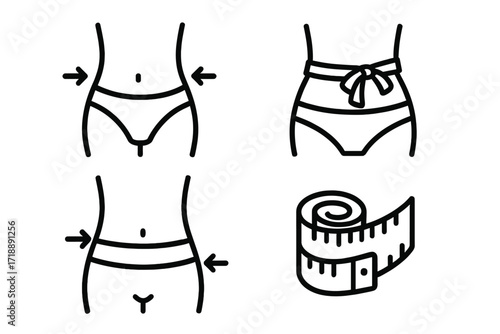 Waist icon set for UI, placards, books, apps, editable stroke, vector cartoon illustration, measuring tape, slim waist, body shape, fitness, health, design elements, transparent background