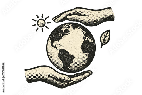Vintage halftone earth protection collage with human hands supporting the globe, sun and leaf symbols, concept of environmental care, Earth Day 22 April vector art