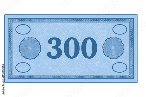 Blue voucher template banknote 300 with intricate guilloche pattern, watermarks, decorative border, currency design, gift coupon, diploma certificate, money note background