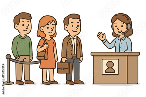 Vector cartoon illustration of diverse people queueing at customer service counter with friendly headset staff, reception line, business office setting, client support concept