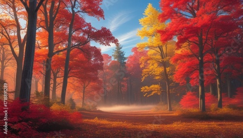Autumn forest landscape with red and yellow trees scenic fall foliage nature background beautiful season view