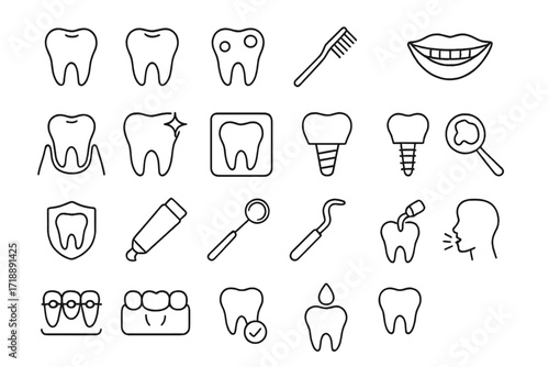 Dental and stomatology icons set thin line editable stroke vector cartoon illustration for websites, books, cards, apps, dentistry tools, oral care symbols