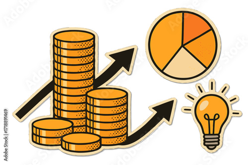 Trendy halftone business concept collage with pile of golden coins and upward arrows, pie chart and glowing light bulb, cut out paper elements, modern retro financial planning vector illustration