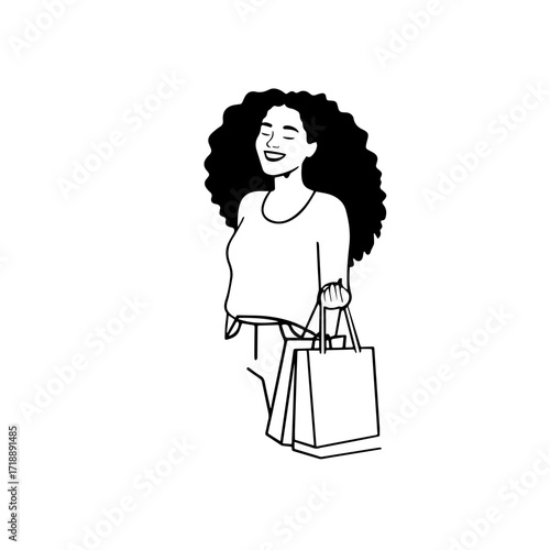 Black and white line art of a beautiful happy woman carrying shopping bags minimalist cheerful illustration