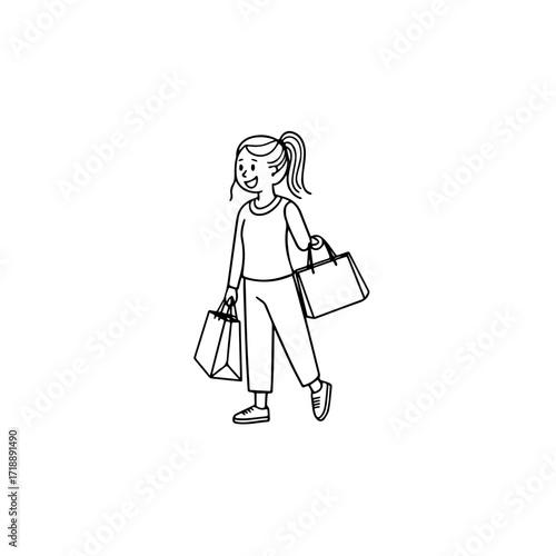 Black and white line art of a beautiful happy woman carrying shopping bags minimalist cheerful illustration