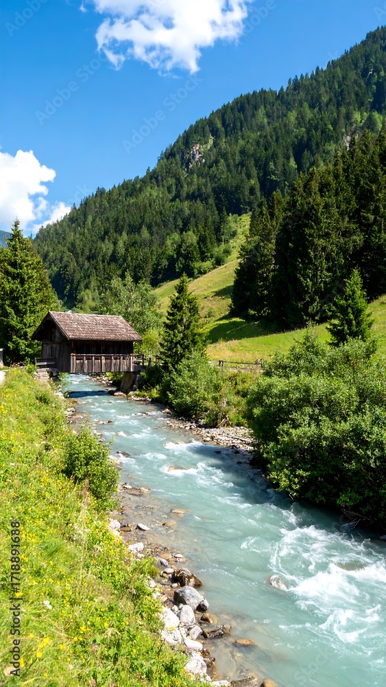 Fototapeta premium Mountain stream flows through a valley