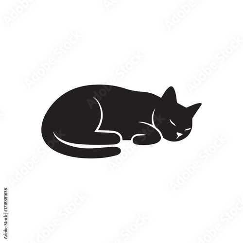 Silhouette of a Sleeping cat side view On White Background.