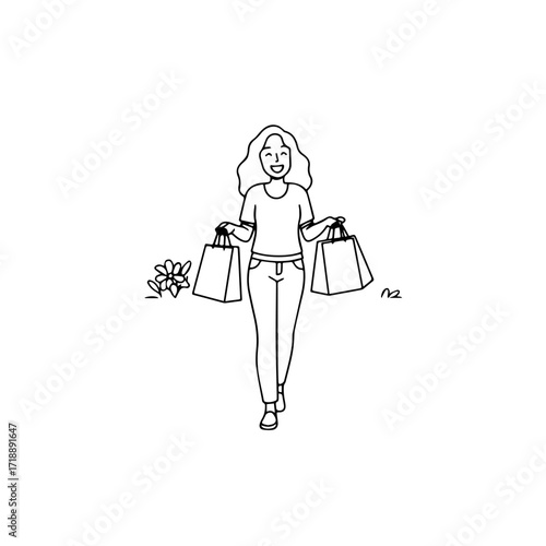 Black and white line art of a beautiful happy woman carrying shopping bags minimalist cheerful illustration