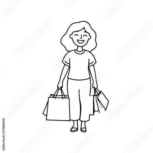 Black and white line art of a beautiful happy woman carrying shopping bags minimalist cheerful illustration