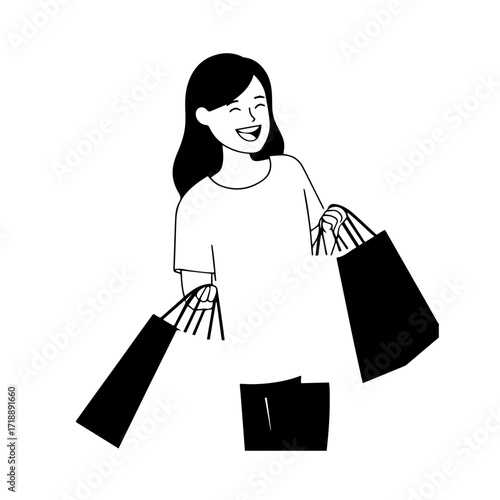 Black and white line art of a beautiful happy woman carrying shopping bags minimalist cheerful illustration