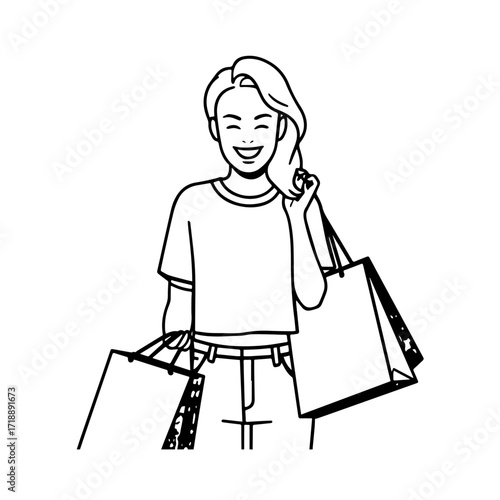 Black and white line art of a beautiful happy woman carrying shopping bags minimalist cheerful illustration