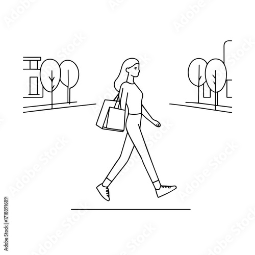 Black and white line art of a beautiful happy woman carrying shopping bags minimalist cheerful illustration