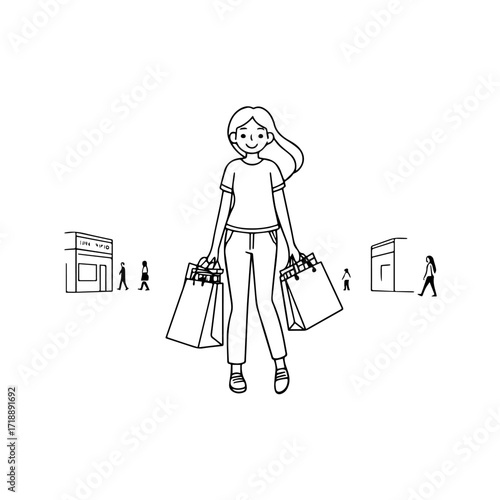 Black and white line art of a beautiful happy woman carrying shopping bags minimalist cheerful illustration