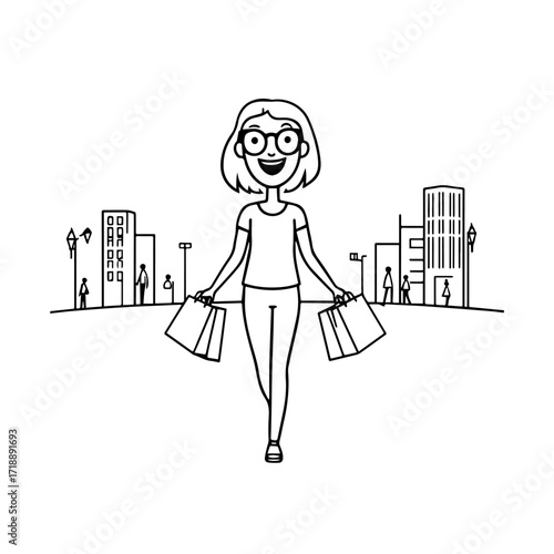 Black and white line art of a beautiful happy woman carrying shopping bags minimalist cheerful illustration