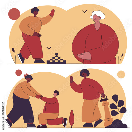 Diverse people playing chess, symbolizing strategy, teamwork, and mentorship on white background