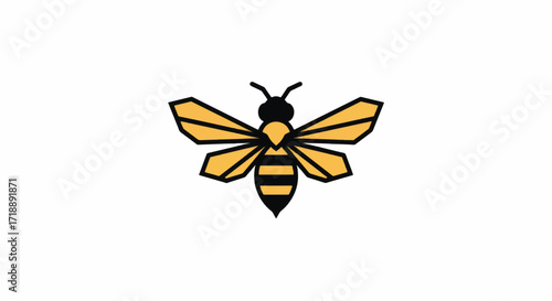 Geometric illustration of a bee with yellow wings and black stripes.