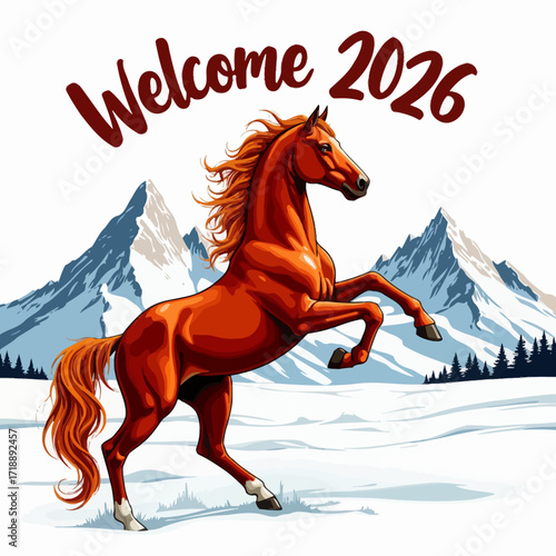 Dynamic Horse Prancing in Snowy Mountain Landscape Embracing the New Year 2026 with Energetic Spirit and Freedom under Clear Sky