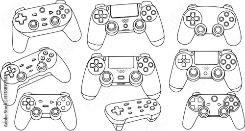 Gaming controller outline coloring book page, Video game controller line art vector
