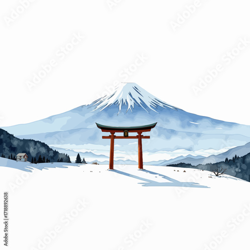 Snow-covered landscape with a majestic torii gate leading to a picturesque view of a mountain peak, blending tradition and natural beauty in perfect harmony
