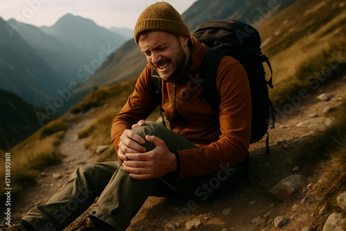 Man hiker in the mountains sitting on trail holding painful knee, experiencing joint injury or strain during trekking, concept of outdoor accident and health issue