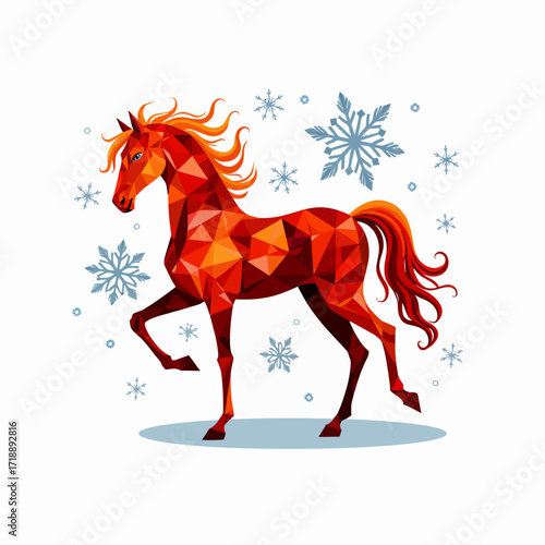 Geometric Polygonal Horse Prancing Amidst Snowflakes for Winter Themed Digital Art Illustration with Vibrant Fiery Mane