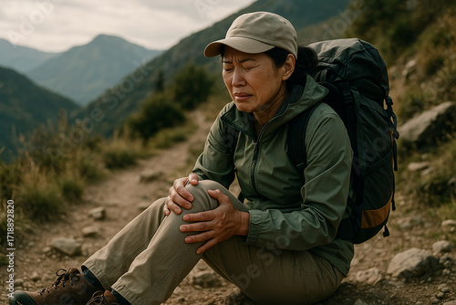 Woman hiker sitting on rocky mountain path holding knee with painful expression, showing sports injury, strain, or arthritis during outdoor trekking