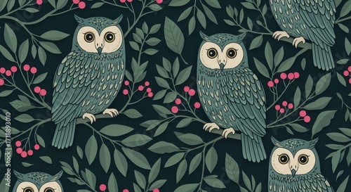 Enchanting forest owl pattern featuring lush greenery and deep jewel-toned berries