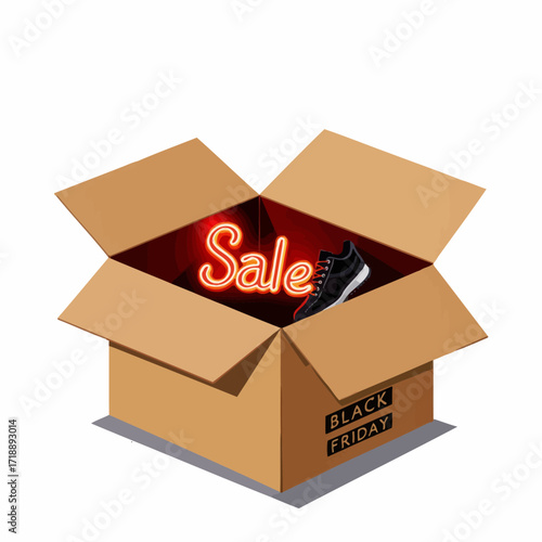 Open cardboard box with a glowing neon 'Sale' sign and a black sneaker inside, indicating a Black Friday promotion or event centered around fashion discounts
