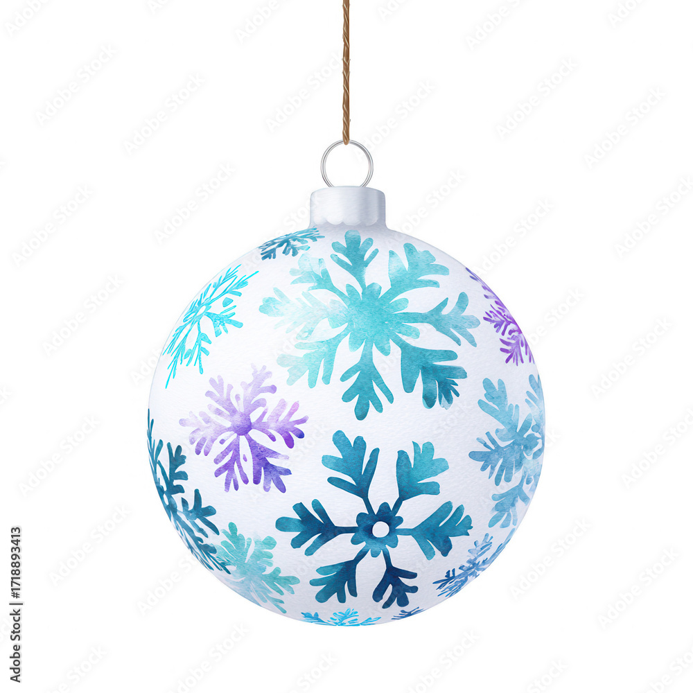 Fototapeta premium Christmas watercolor ornament featuring blue and purple snowflakes creates festive new year decoration with joyful and elegant holiday atmosphere