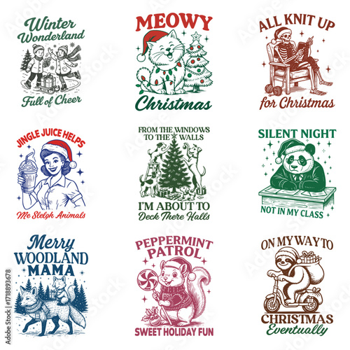 pack of  christian christmas holliday t-shirt, funny retro santa typography, christian festival animals quote tshirt