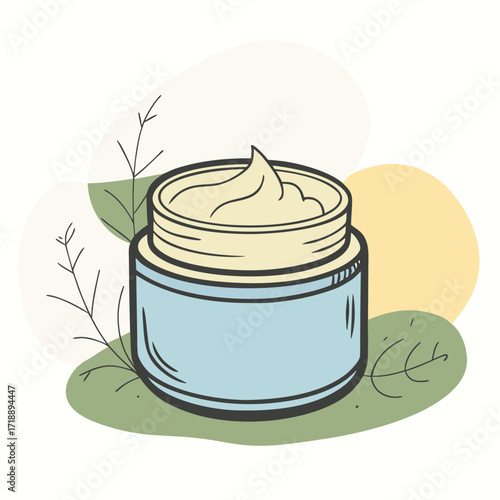 Hand-drawn skincare jar with a creamy moisturizer illustration, fresh and natural