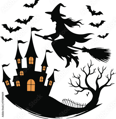 Halloween witch castle silhouette spooky vector