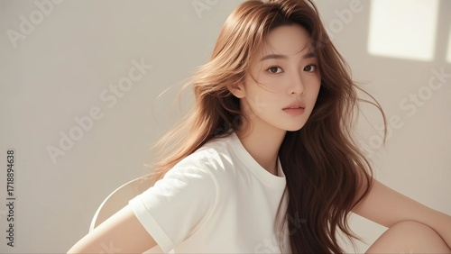 Beautiful Korean female model, Korean model's clear skin, Korean cosmetics model, close-up